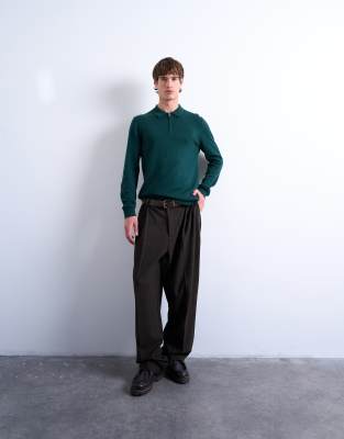 Topman Essential Knit Zip Polo In Green