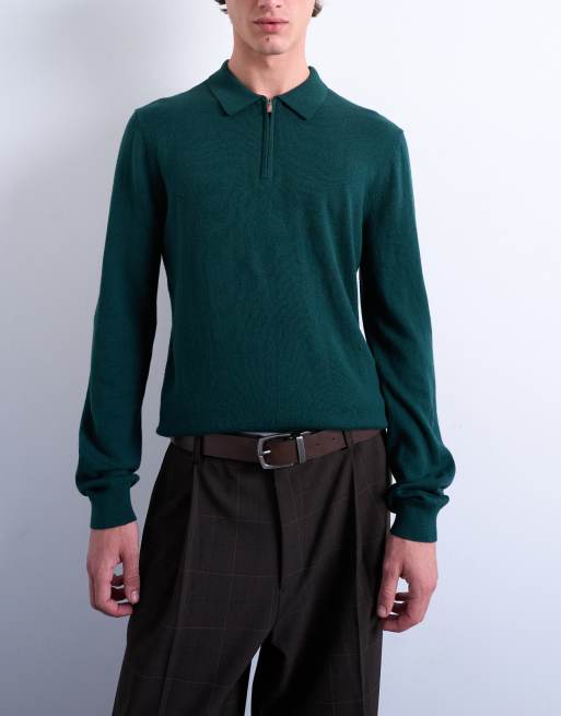 Topman essential knit zip polo in dark green, 5 of 5