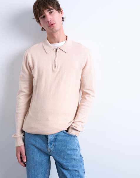 Topman essential knit zip polo in stone - view 1