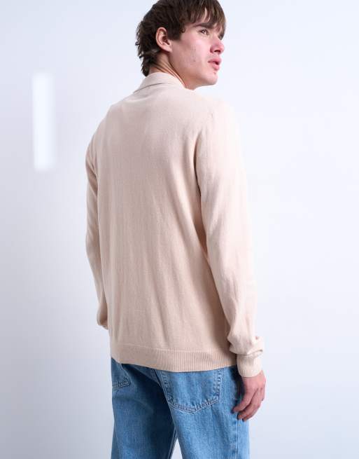 Topman essential knit zip polo in stone, 4 of 5