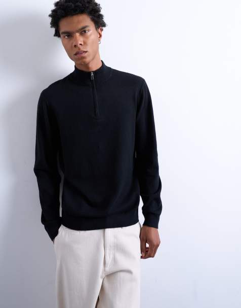 Topman essential knitted 1/4 zip funnel in black - view 1