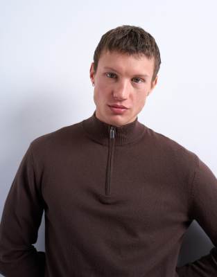 Topman Topman essential knitted 1/4 zip funnel in brown