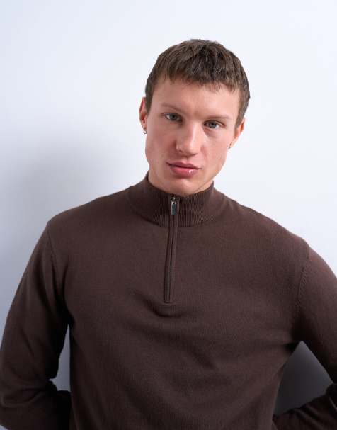 Topman essential knitted 1/4 zip funnel jumper in brown - view 1