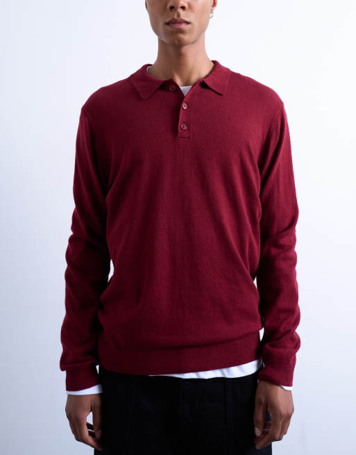 Topman essential knitted button polo in burgundy, 3 of 5