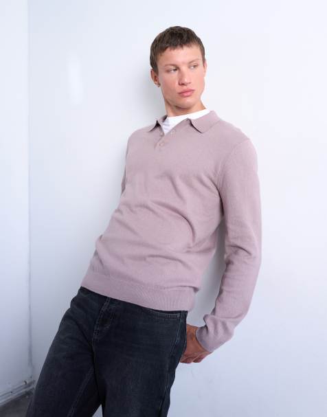 Topman essential knitted button polo in dusty mauve - view 1