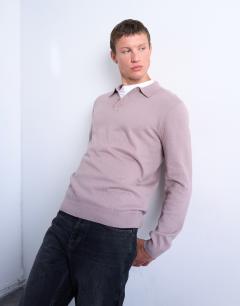 Essential knitted button polo in dusty mauve