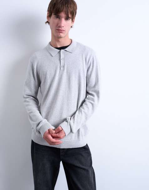 Topman essential knitted button polo in light grey - view 1