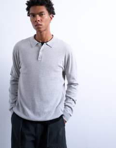 Essential knitted button polo in light grey