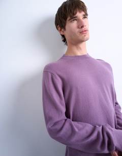 Model wearing Essential knitted crew neck in purple