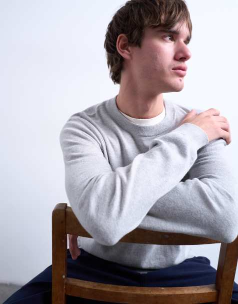 Topman essential knitted crew neck jumper in light grey - view 1