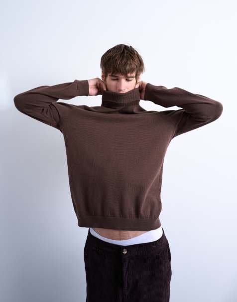 Topman essential knitted roll neck jumper in brown - view 1