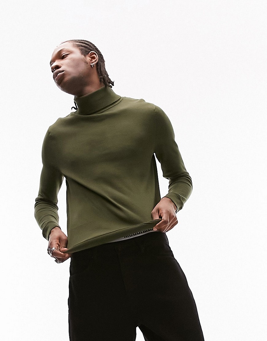 Topman essential knitted roll neck sweater in khaki-Green