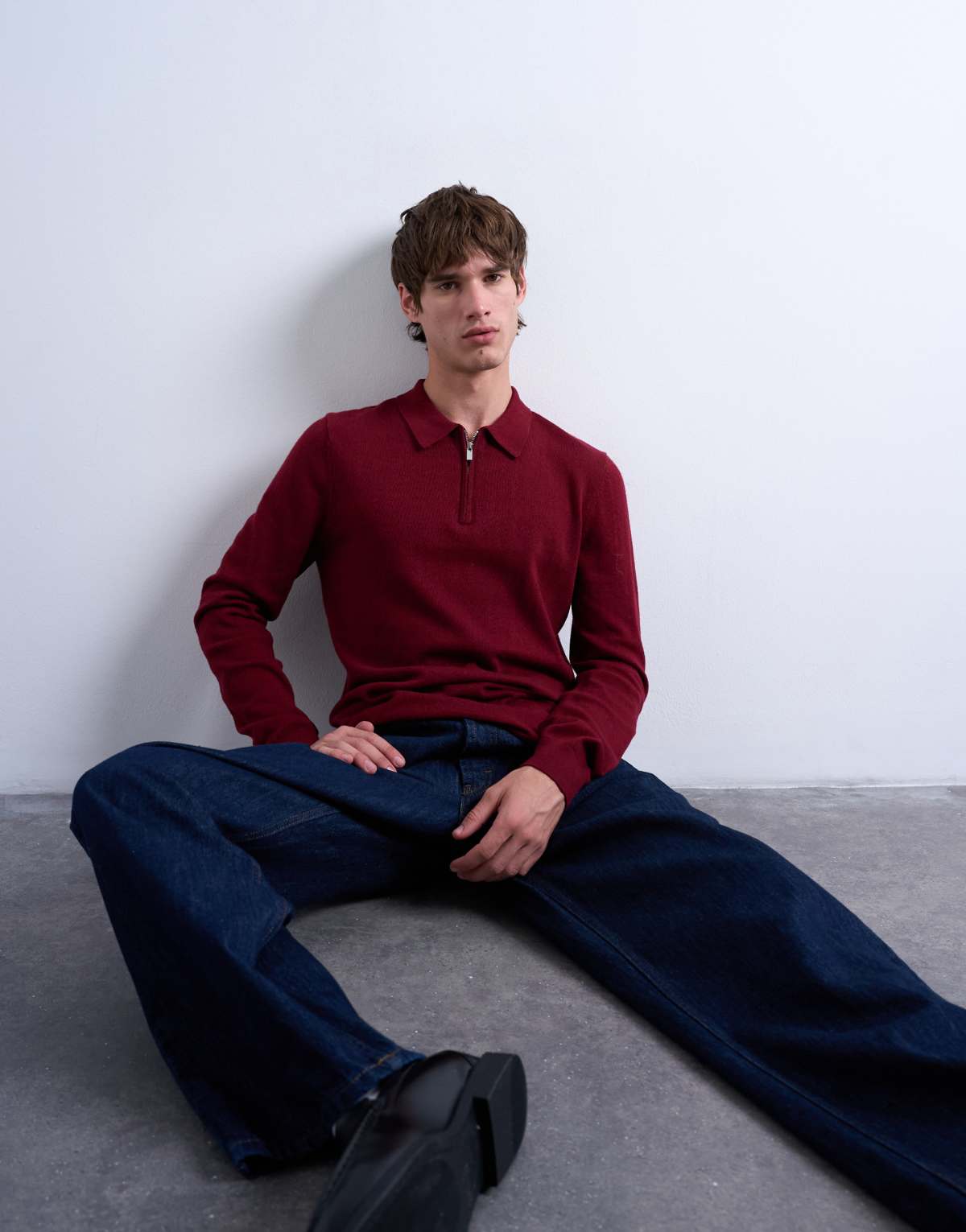 Topman essential knitted zip polo in burgundy
