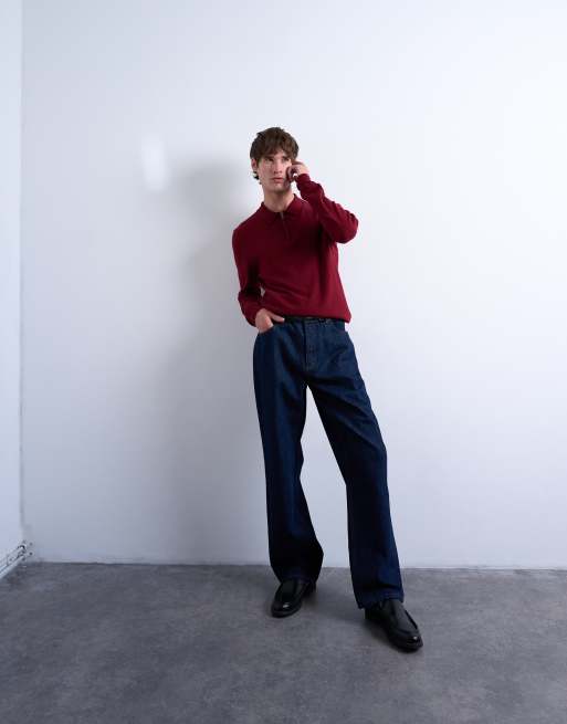 Topman essential knitted zip polo in burgundy, 2 of 5