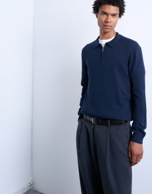 Topman essential knitted zip polo in navy