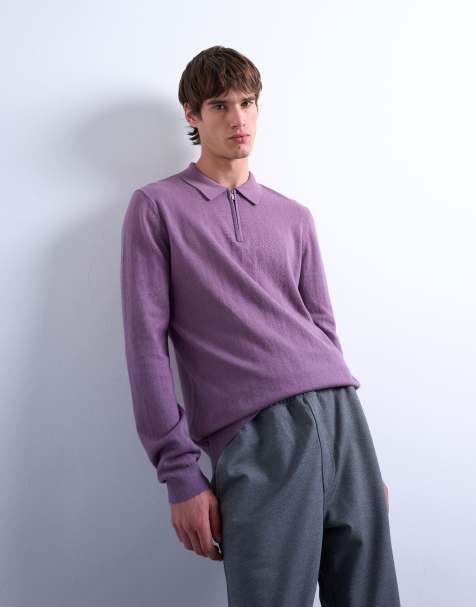 Topman essential knitted zip polo in purple - view 1