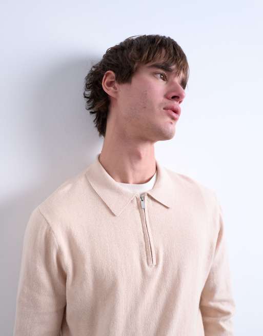 Topman essential knitted zip polo in stone, 5 of 5
