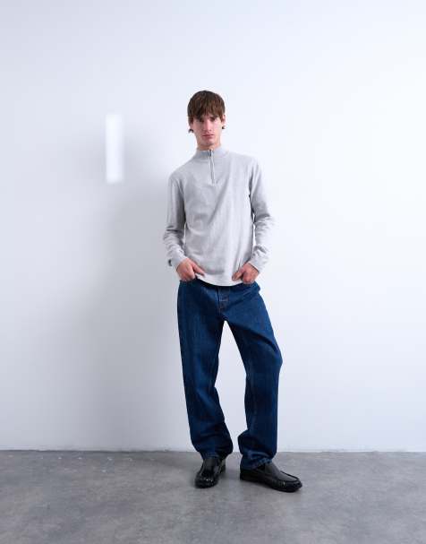 Topman – Essential – Ljusgrå, stickad tröja med ståkrage och 1/4-lång dragkedja - view 1