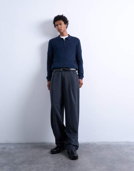 Topman – Essential – Marinblå, stickad pikétröja med dragkedja, 4 av 4