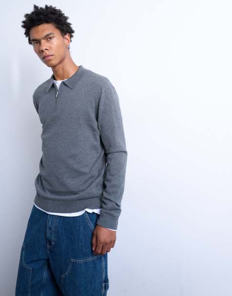 Topman – Essential – Mörkgrå, stickad pikétröja med dragkedja - view 1
