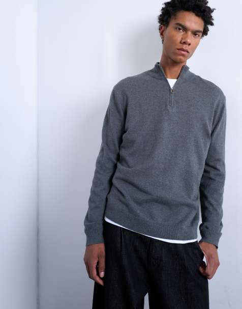 Topman – Essential – Mörkgrå, stickad tröja med ståkrage och 1/4-lång dragkedja - view 1