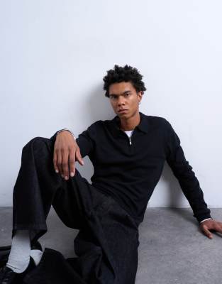 Topman - Essential - Polo en maille à col zippé - Noir