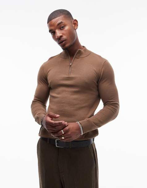 Topman - Essential - Pull en maille à col zippé - Marron - view 1