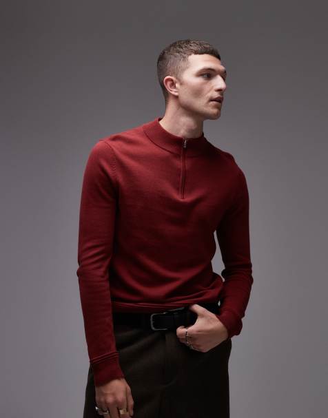 Topman - Essential - Pull en maille à col zippé - Rouge - view 1