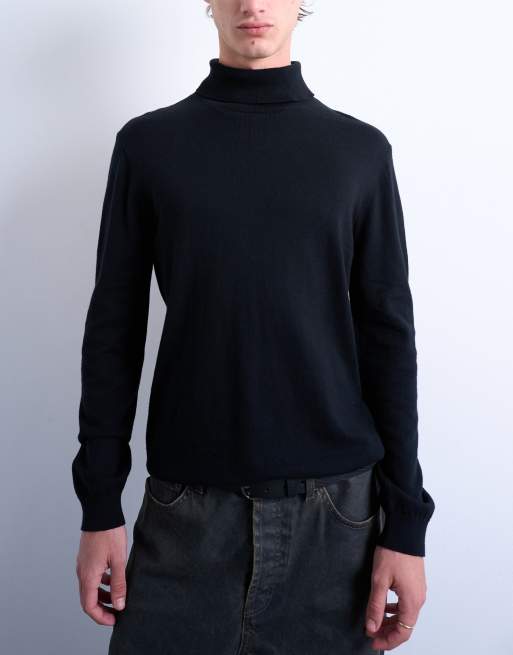 Topman Essential roll neck jumper with wool in black