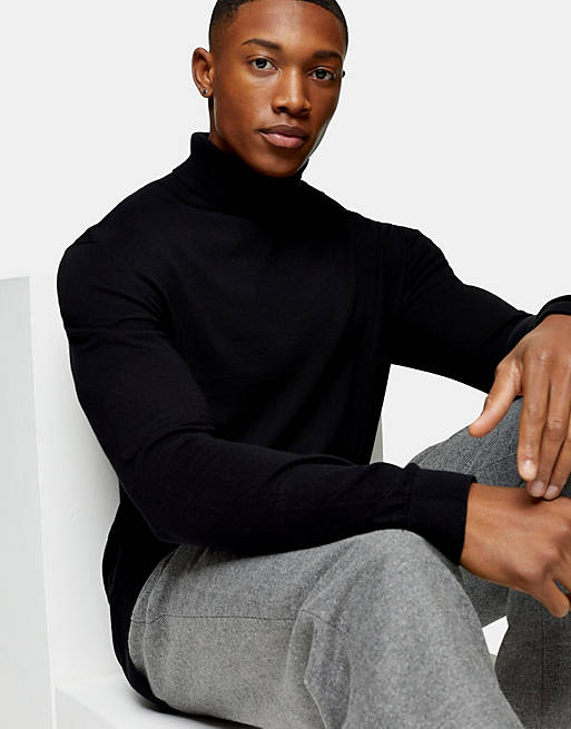 Topman essential roll neck knitted jumper in black