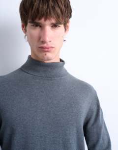 Model wearing Essential roll neck with wool in charcoal