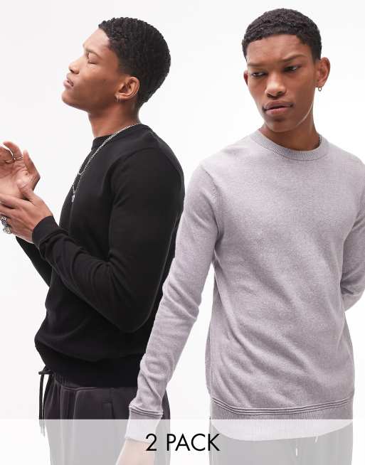 Topman - Essential - Set gebreide truien met ronde hals in zwart en grijs
