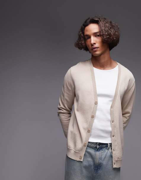 Topman essential v neck cardigan in stone - view 1