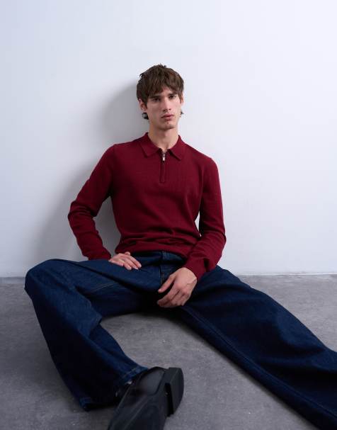 Topman – Essential – Vinröd, stickad pikétröja med dragkedja - view 1