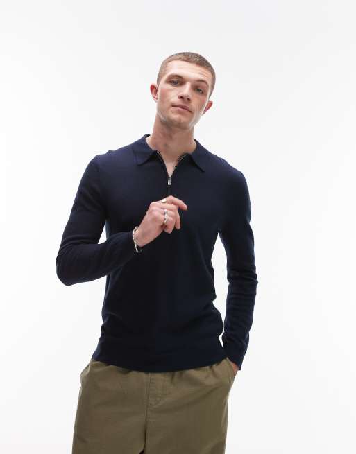 Topman Essential zip polo shirt with wool in navy
