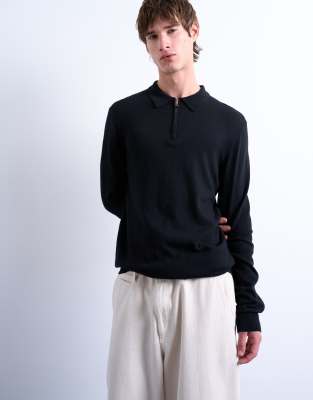 Topman Essential Zip Polo With Wool In Black