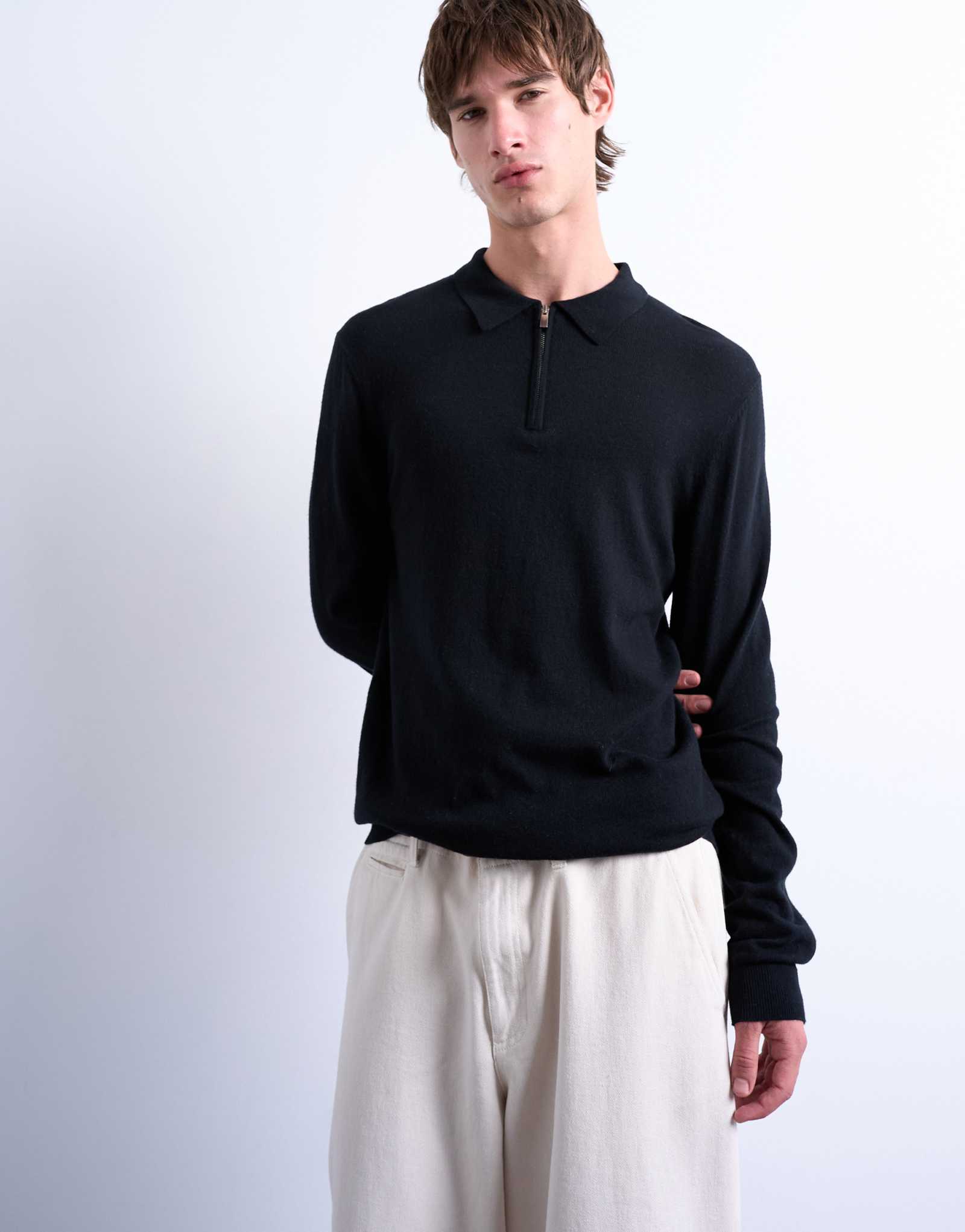 Шерстяное поло Topman essential на молнии черного цвета