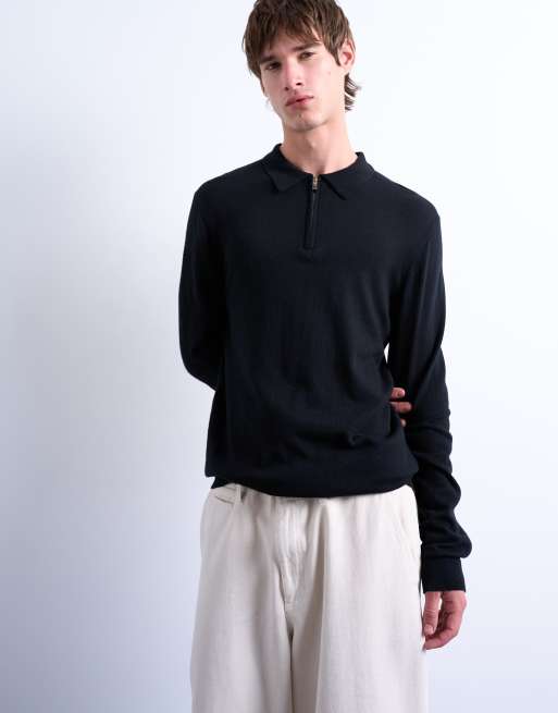 Topman essential zip polo with wool in black