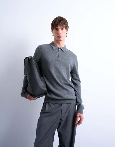Topman essential zip polo with wool in charcoal - view 1