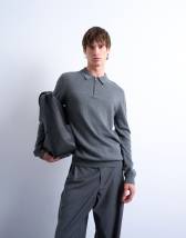 Topman essential zip polo with wool in charcoal