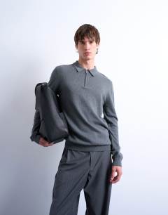 Essential zip polo with wool in charcoal