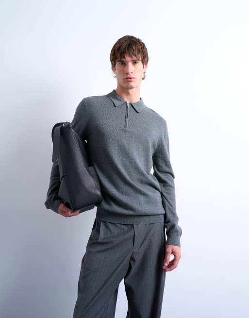 Topman essential zip polo with wool in charcoal