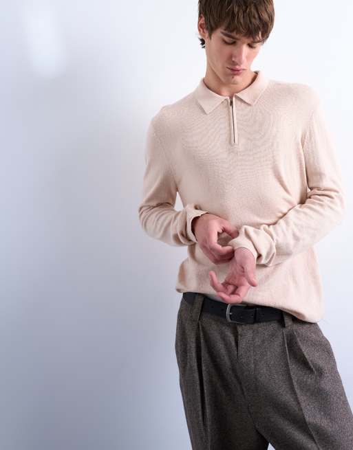 Topman essential zip polo with wool in stone