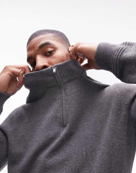 Topman essentials 1/4 zip jumper in charcoal - view 1