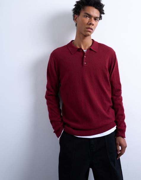 Topman - Essentials - Bordeaux strikket polotrøje med knapper - view 1