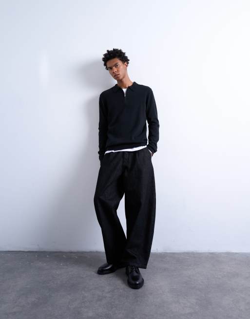 Topman essentials knit zip polo in black, 2 of 5