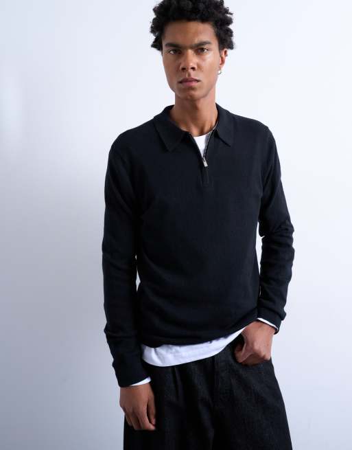 Topman essentials knit zip polo in black, 3 of 5