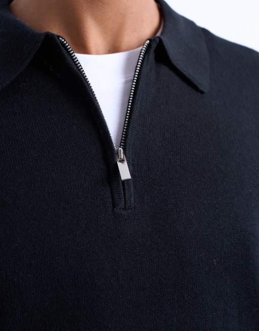 Topman essentials knit zip polo in black, 4 of 5