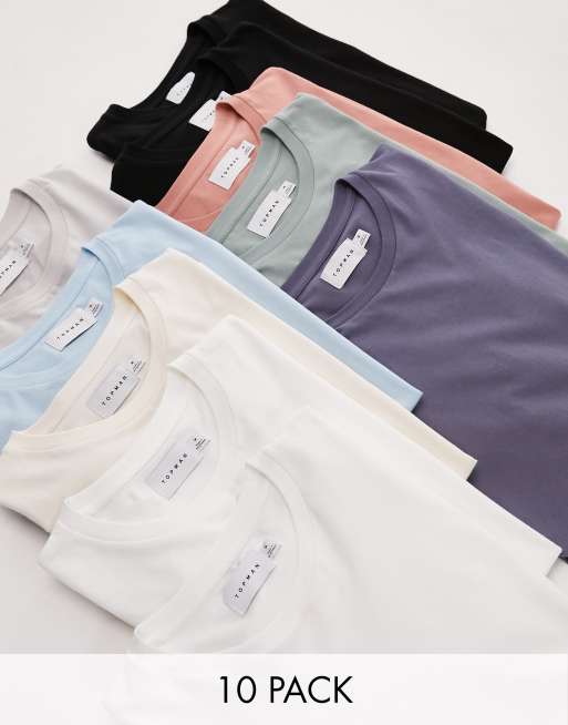 Topman - Essentials - Pakke med 10 T-shirts i sort/hvid/råhvid/grå/salviegrøn/lyseblå/støvet lyserød/mørkegrå med regular fit-pasform