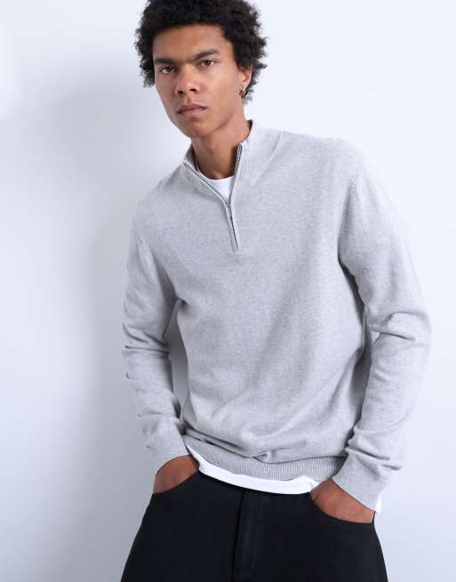 Topman - Essentials - Trui van wolmix met 1/4 rits in lichtgrijs